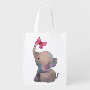 Elephant with pink butterfly grocery bag