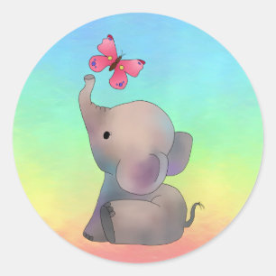 Elephant with pink butterfly Round sticker