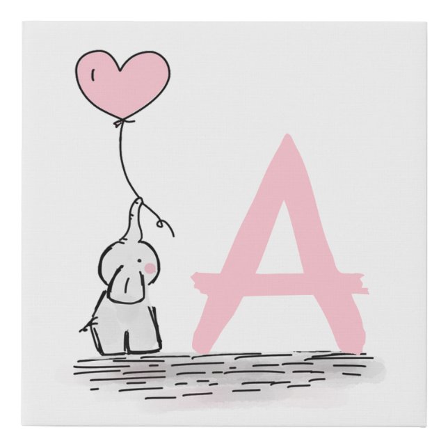 Elephant With Pink Heart Balloon Monogram Nursery Faux Canvas Print (Front)
