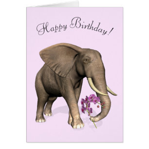 Elephant With Pink Orchid Cards