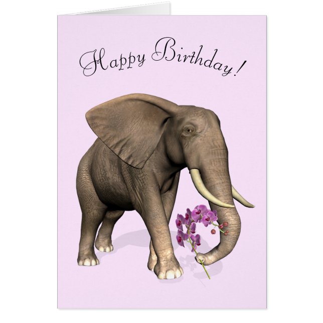 Elephant With Pink Orchid Cards (Front)