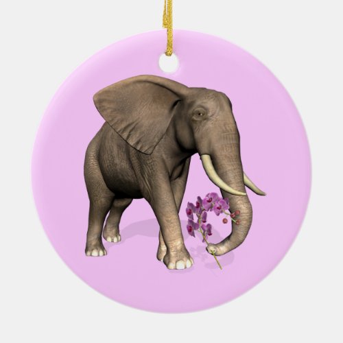 Elephant With Pink Orchid Ceramic Ornament