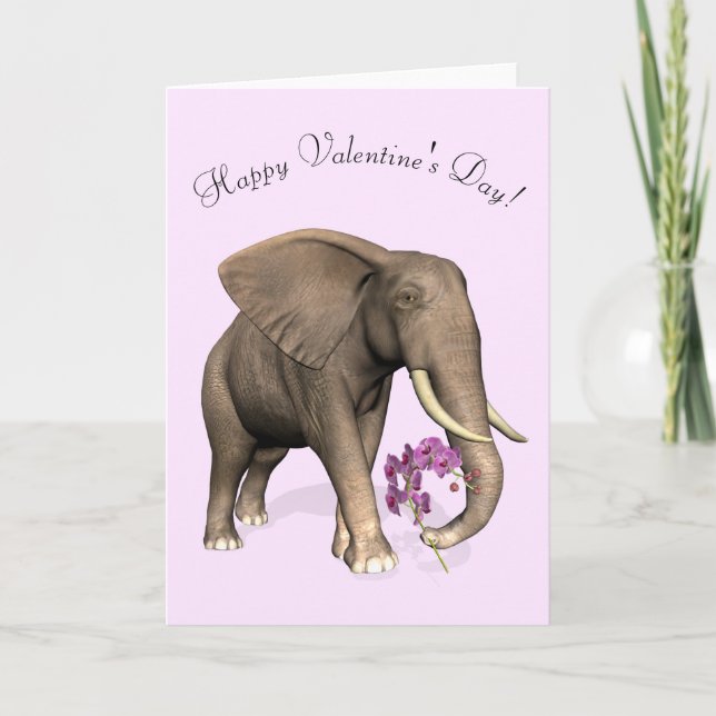 Elephant With Pink Orchid Holiday Card (Front)