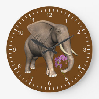Elephant With Pink Orchid Large Clock