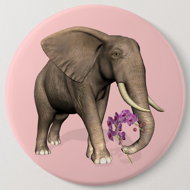 Elephant With Pink Orchid Pinback Button (Front)
