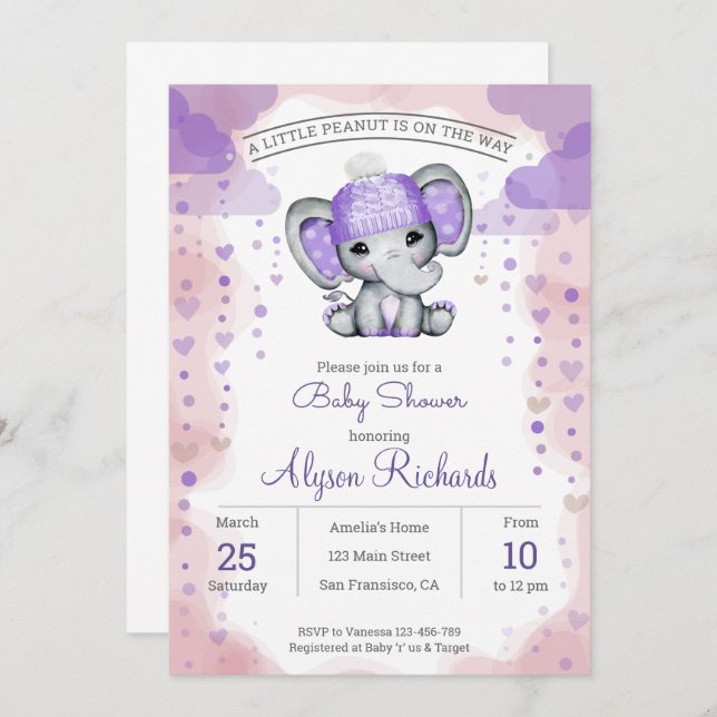Elephant with purple hatBaby Shower  Invitation (Front/Back)