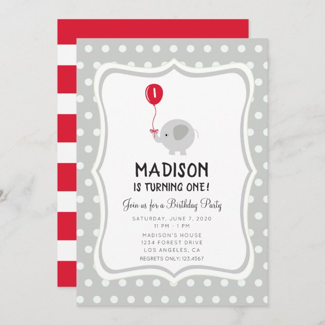 Elephant with Red Balloon Birthday Party Invite (Front/Back)