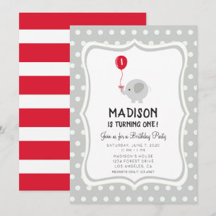 Elephant with Red Balloon Birthday Party Invite