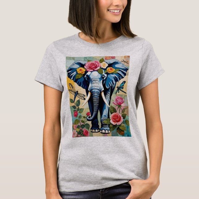 Elephant With Roses And Dragonflies Patchwork T-Shirt (Front)