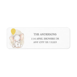 Elephant with yellow balloon baby shower label