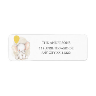 Elephant with yellow balloon baby shower label