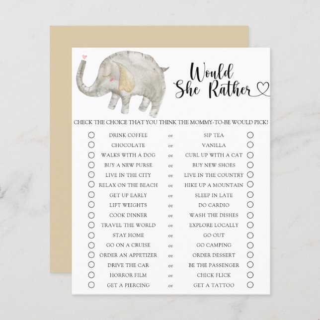 Elephant / Would She Rather Baby Shower Game (Front/Back)