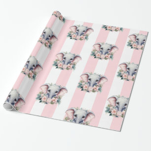 Elephant Wrapping Paper Pink & White Stripe 