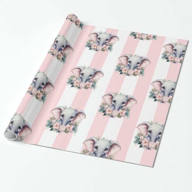 Elephant Wrapping Paper Pink & White Stripe  (Unrolled)