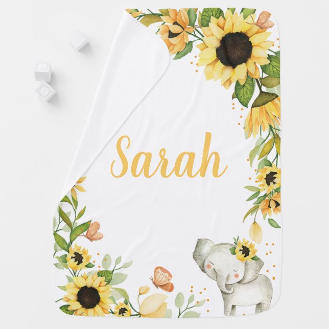 Elephant Wreath Sunflower Personalized Name Baby Blanket (In Situ)
