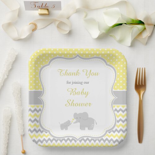 Elephant Yellow and Gray Baby Shower Party Paper Plates