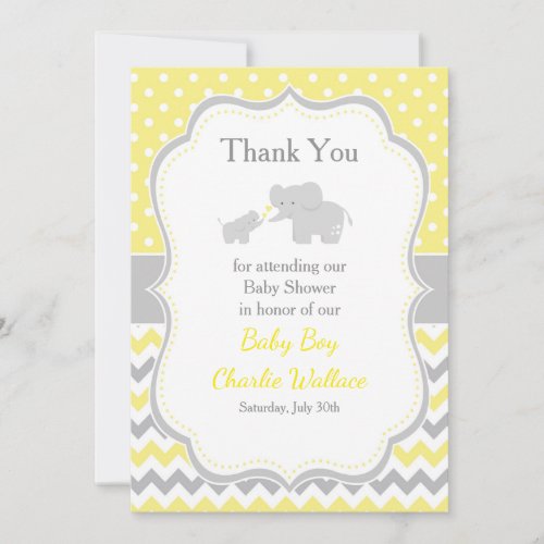 Elephant Yellow and Gray Baby Shower Thank You Card
