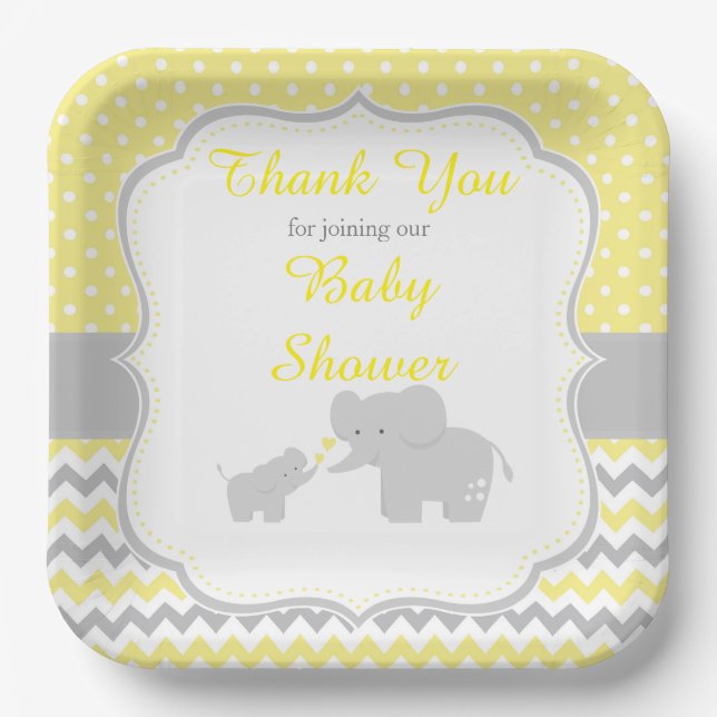 Elephant Yellow and Grey Baby Shower Party Paper Plates (Front)