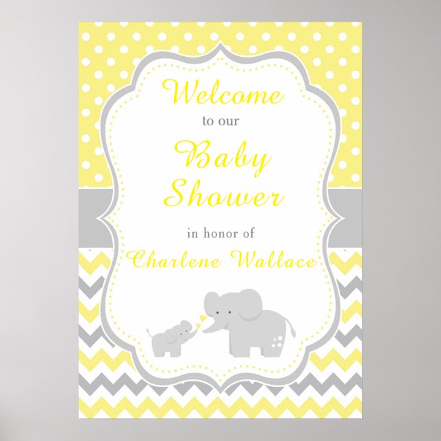 Elephant Yellow and Grey Baby Shower Party Poster (Front)