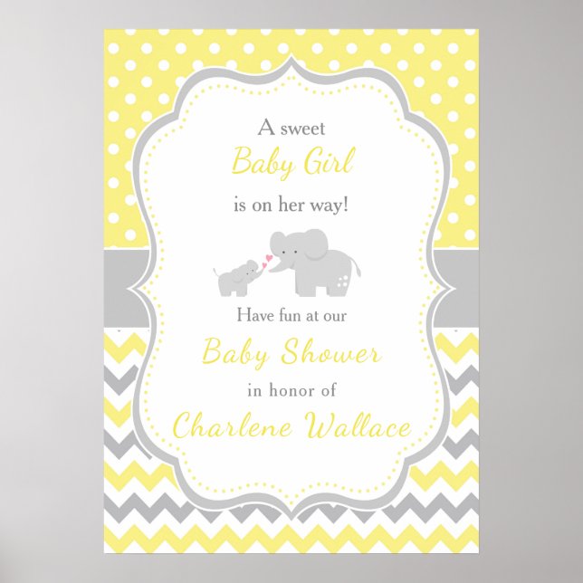 Elephant Yellow and Grey Baby Shower Poster (Front)