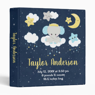 Elephant Yellow and Navy Baby Birth Statistics 3 Ring Binder