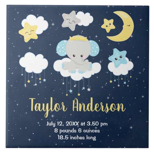 Elephant Yellow and Navy Baby Birth Statistics Ceramic Tile (Front)