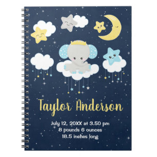 Elephant Yellow and Navy Baby Birth Statistics Notebook