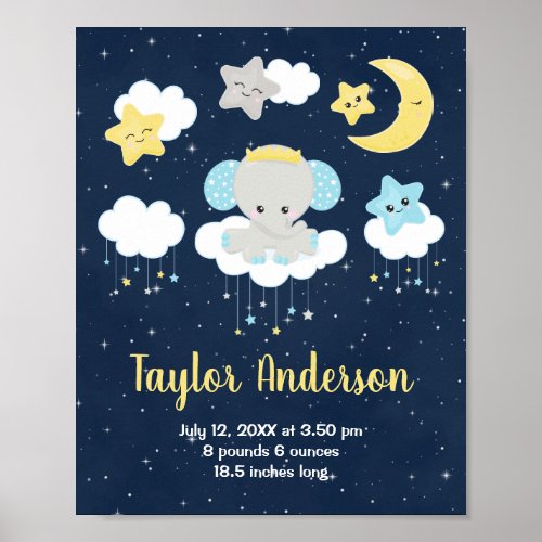 Elephant Yellow and Navy Baby Birth Statistics Poster