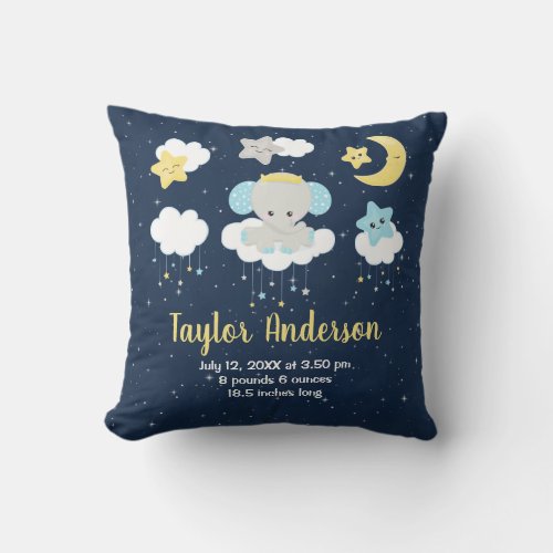 Elephant Yellow and Navy Baby Birth Statistics Throw Pillow