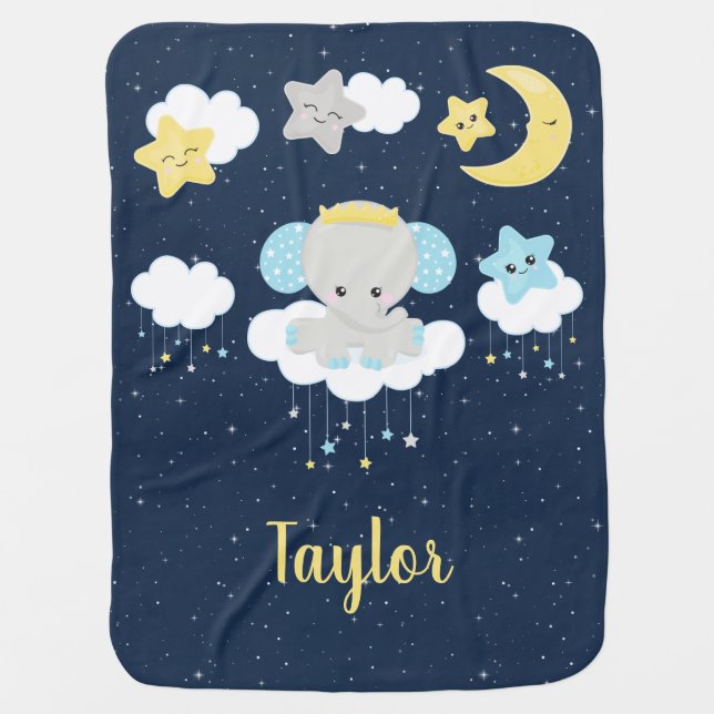 Elephant Yellow and Navy Baby Blanket (Front)
