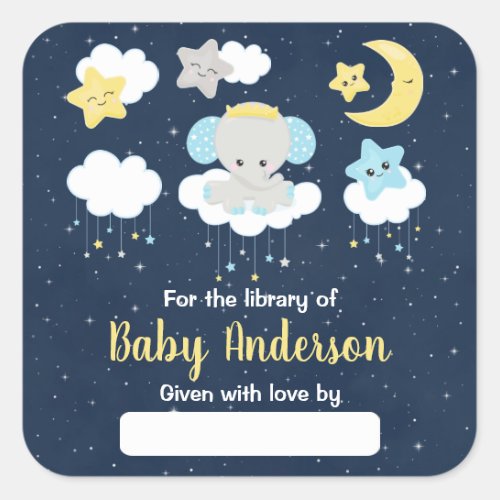 Elephant Yellow and Navy Baby Library Bookplate