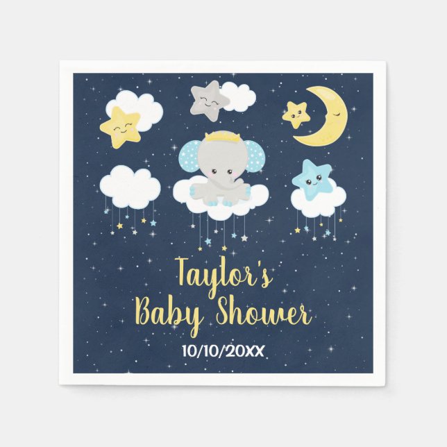 Elephant Yellow and Navy Baby Shower Napkins (Front)