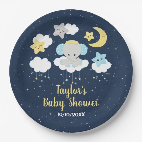 Elephant Yellow and Navy Baby Shower Paper Plates