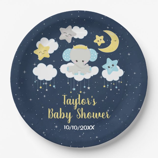 Elephant Yellow and Navy Baby Shower Paper Plates (Front)