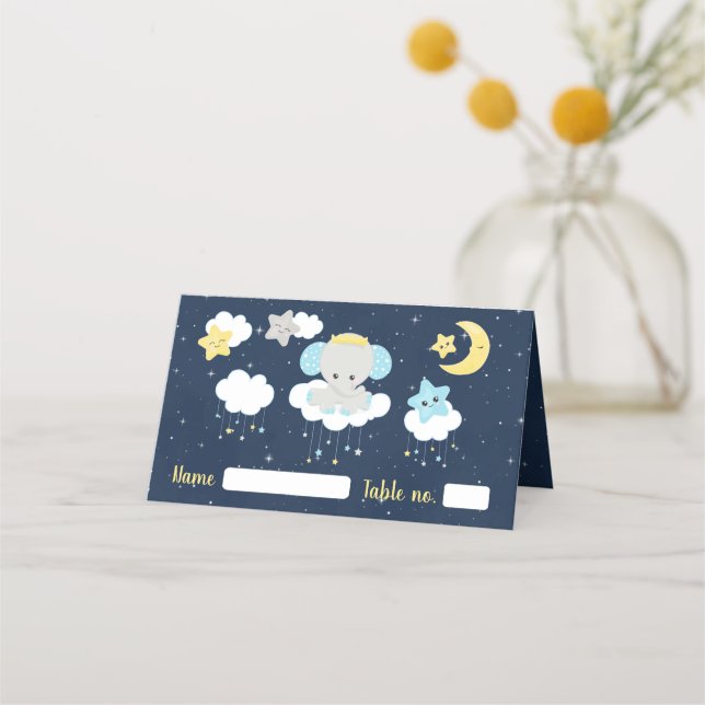 Elephant Yellow and Navy Baby Shower Seating Place Card (Front)
