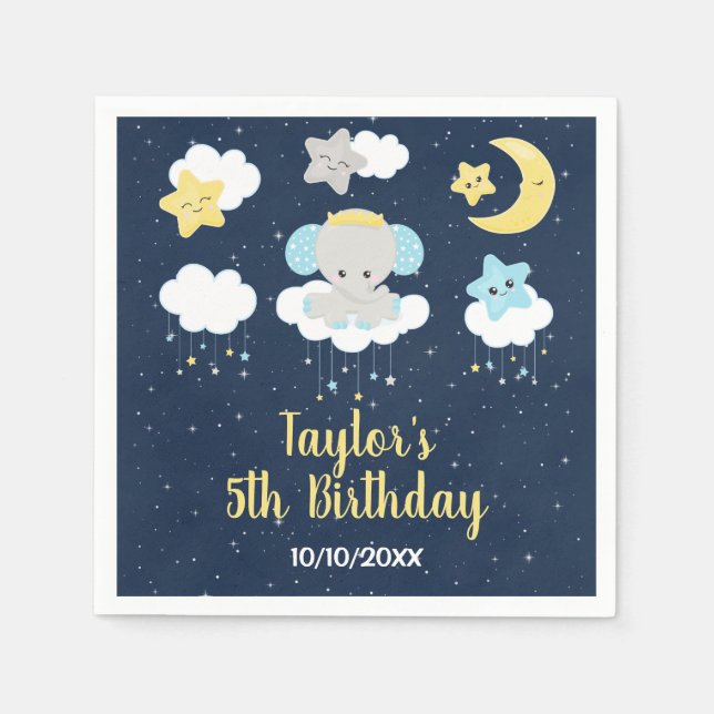 Elephant Yellow and Navy Birthday Party Napkins (Front)