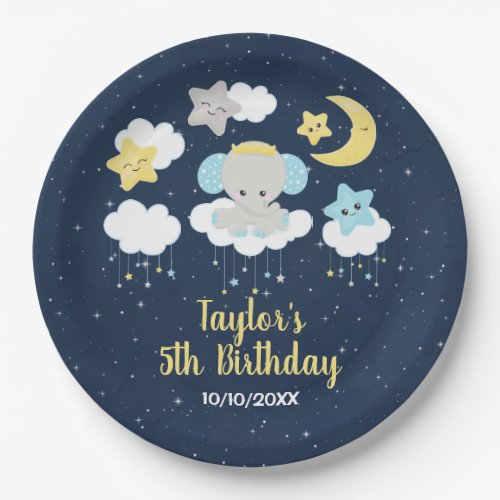 Elephant Yellow and Navy Birthday Party Paper Plates