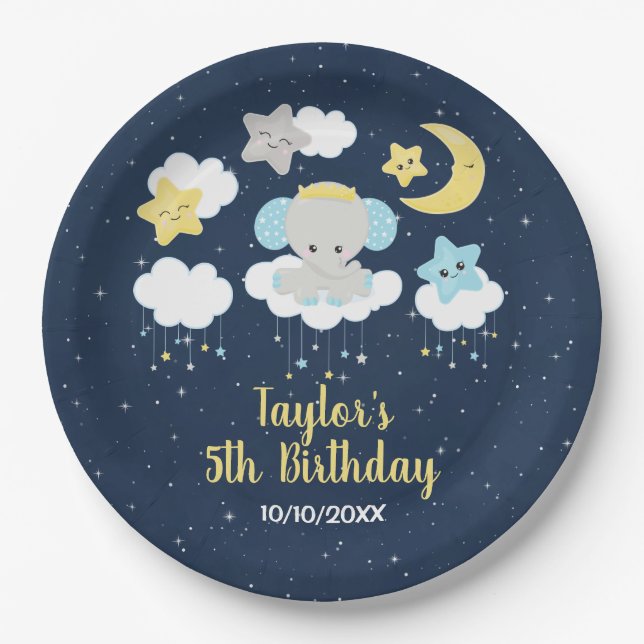 Elephant Yellow and Navy Birthday Party Paper Plates (Front)