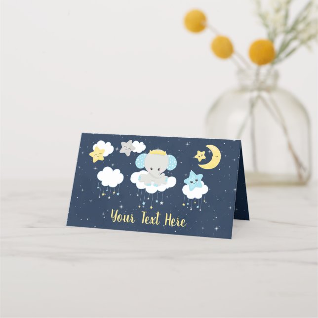 Elephant Yellow and Navy Birthday Party Place Card (Front)