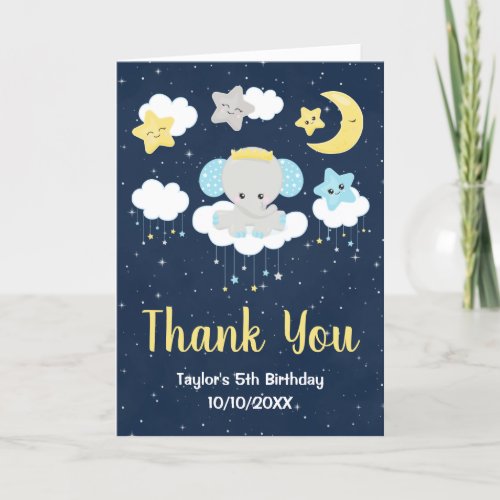 Elephant Yellow and Navy Birthday Party Thank You Card