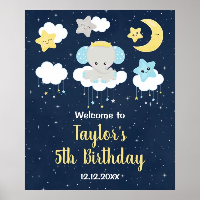 Elephant Yellow and Navy Birthday Party Welcome Poster (Front)