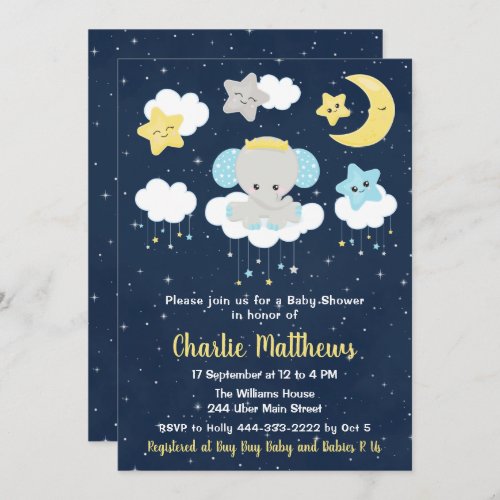 Elephant Yellow and Navy Blue Baby Shower Invitation