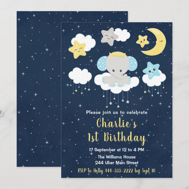 Elephant Yellow and Navy Blue Birthday Party Invitation (Front/Back)