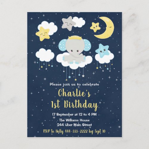 Elephant Yellow and Navy Blue Birthday Party Postcard