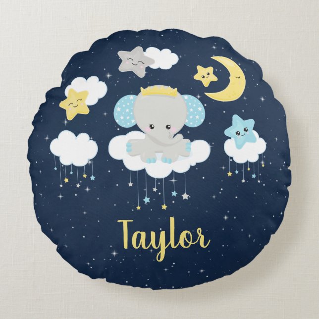 Elephant Yellow and Navy Round Pillow (Front)