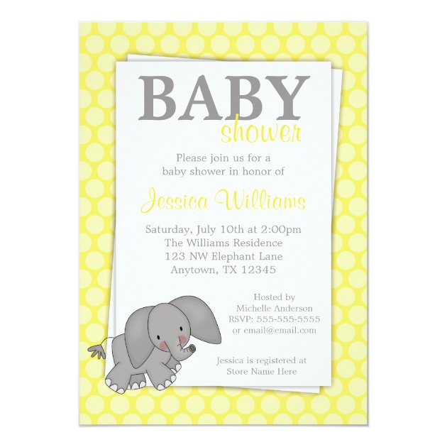 Elephant Yellow Dots Gender Neutral Baby Shower Invitation
