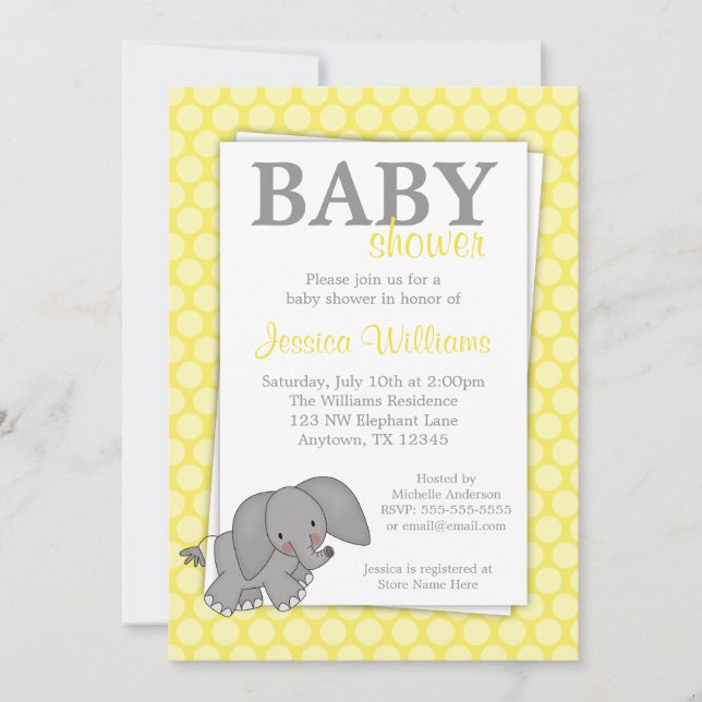Elephant Yellow Dots Gender Neutral Baby Shower Invitation (Front)