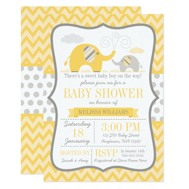 Elephant Yellow Gray Baby Shower Invitation