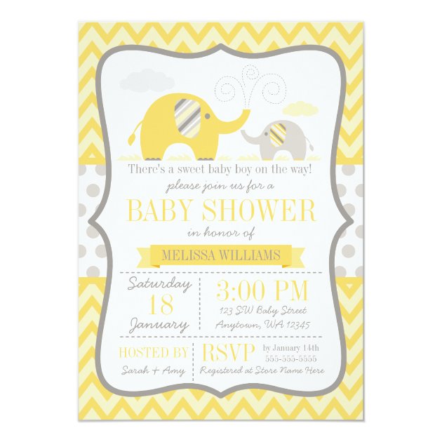 Elephant Yellow Gray Baby Shower Invitation