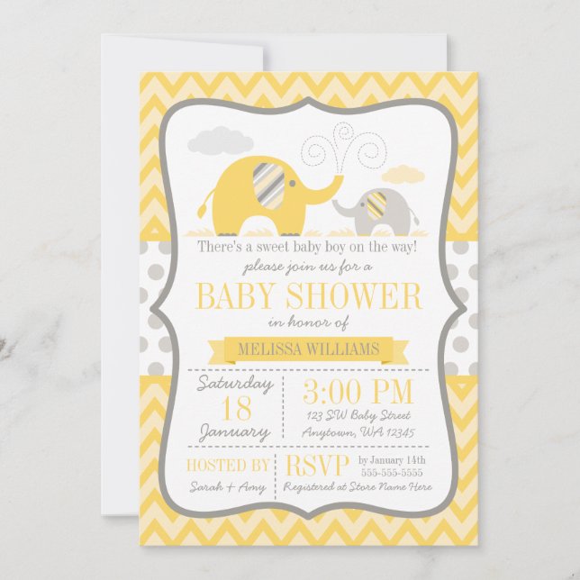 Elephant Yellow Gray Baby Shower Invitation (Front)